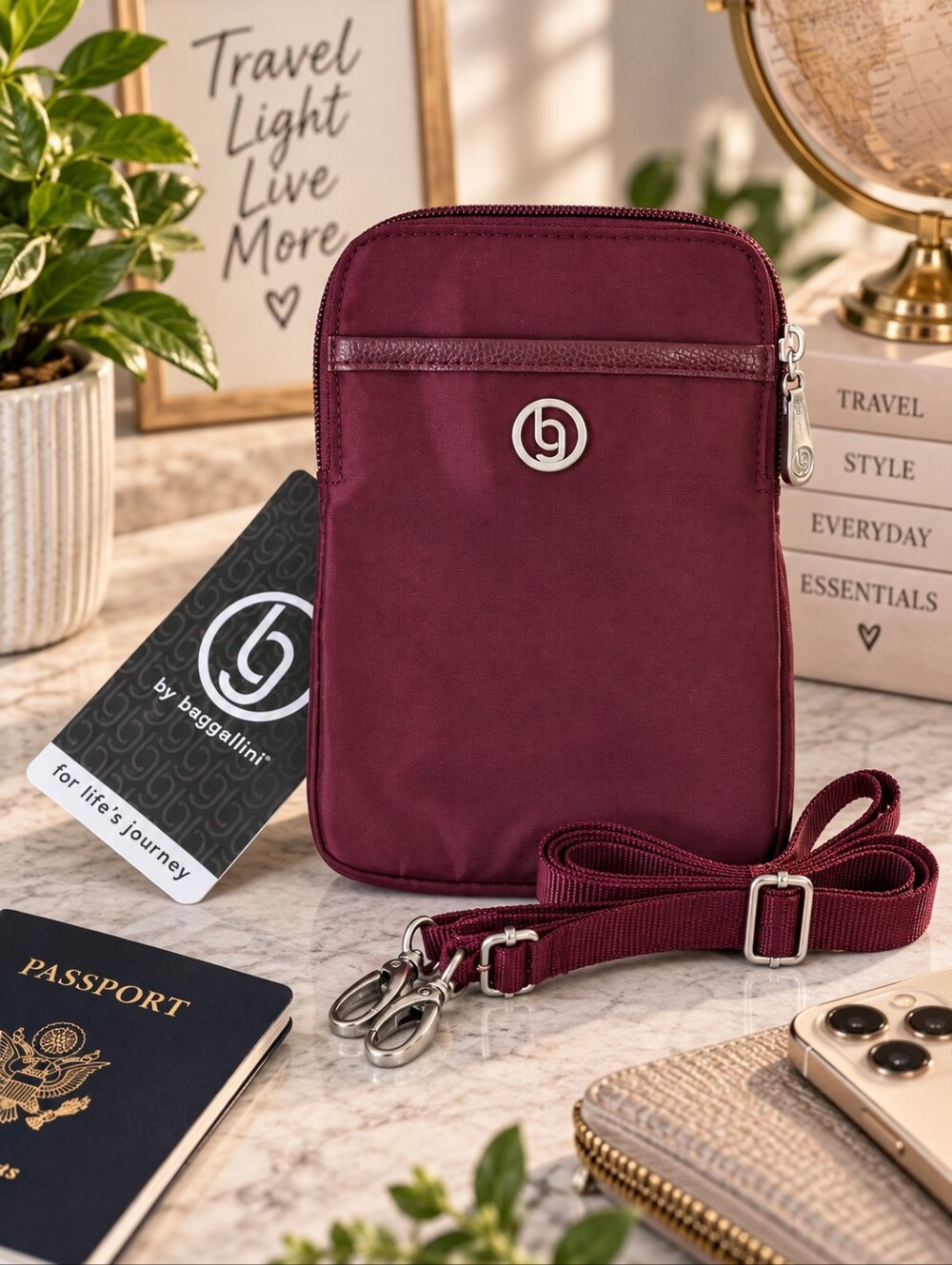 Bg By Baggallini RFID Phone Crossbody Wallet Burgundy Travel Bag NWT